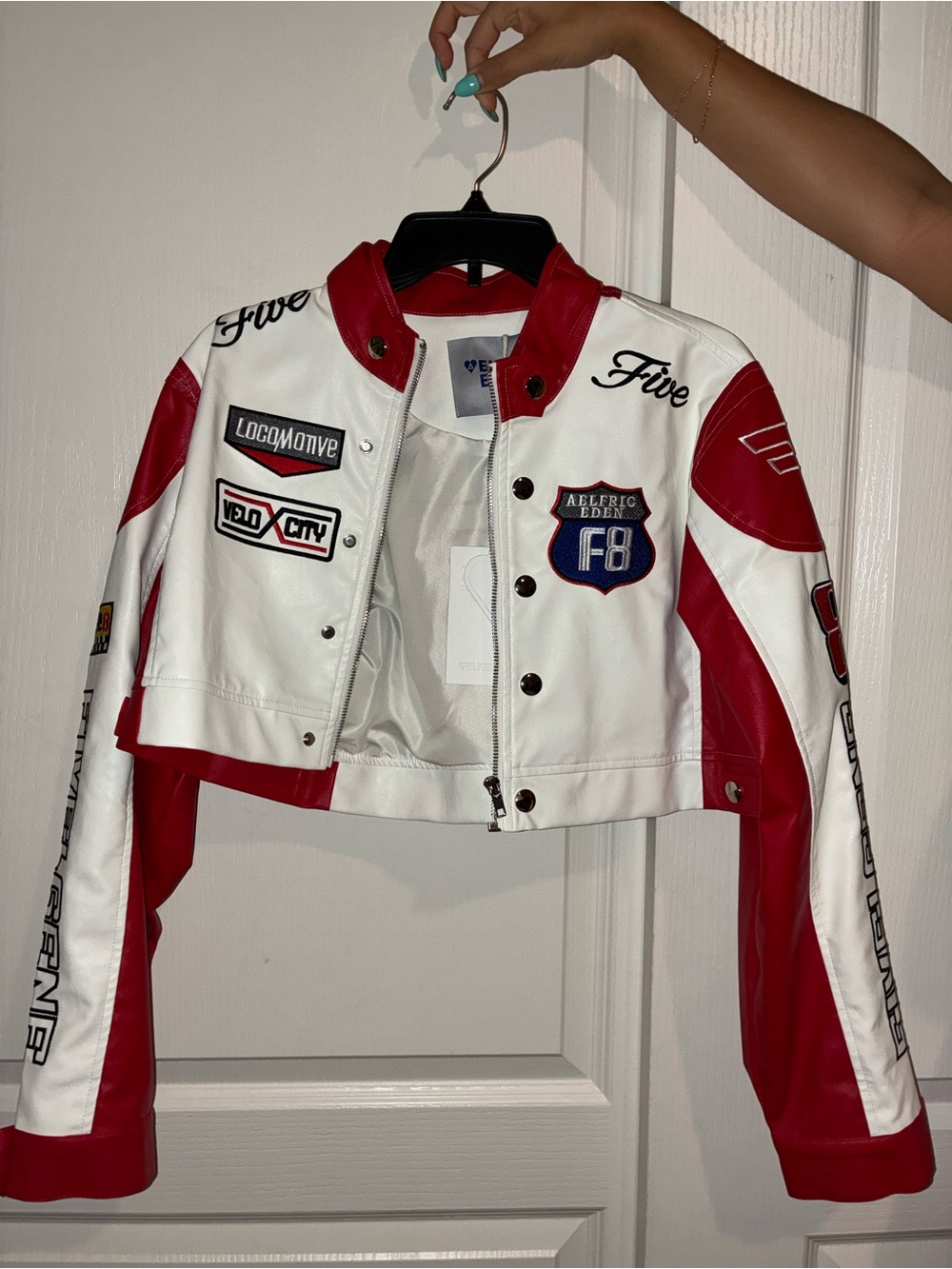 Aelfric Eden Red & White Cropped Racing Leather Jacket